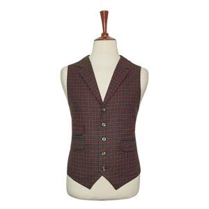 Mens 46R Wool Red Green Check Vest Waistcoat Preppy Wedding Party Formal Casual